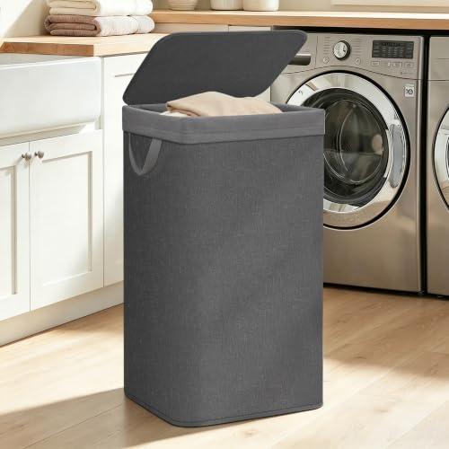 Laundry Hamper with Metal Frame and Lid - Tall Storage Baskets, Black, 90L