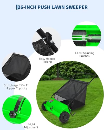 Push Lawn Sweeper 26-Inch Green with 7 Cu.Ft Hopper & Adjustable Brush
