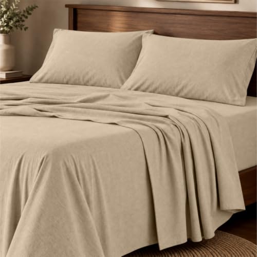 Queen Size Heathered Jersey Knit Cotton Sheet Set - Oatmeal | 4 Pieces