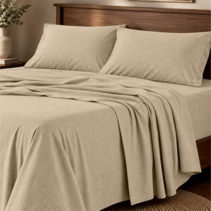 Queen Size Heathered Jersey Knit Cotton Sheet Set - Oatmeal | 4 Pieces