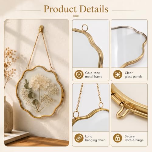Pressed Flower Glass Frame Set 5Pcs - Scalloped Gold Wall Hanging Frames