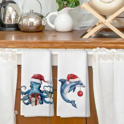 Christmas Dolphin Octopus Kitchen Dish Towels Set of 2 - Coastal Decor