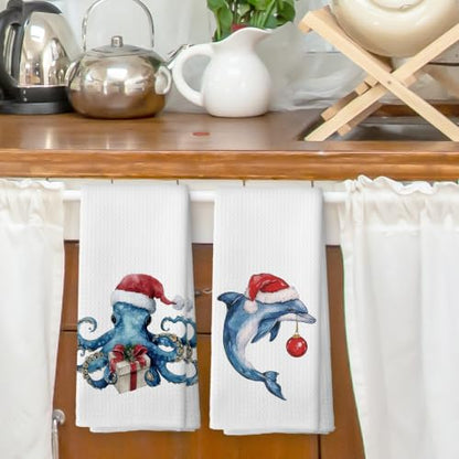 Christmas Dolphin Octopus Kitchen Dish Towels Set of 2 - Coastal Decor