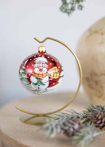 Hand Blown Glass Christmas Ornament Ball - Snowman & Mistletoe Red 3 Inch - Variation of Red / 80mm / 3inch