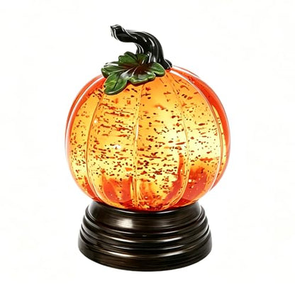 Lighted Pumpkin Snow Globe with LED Warm Orange Light, Gold Glitter Fall Decor