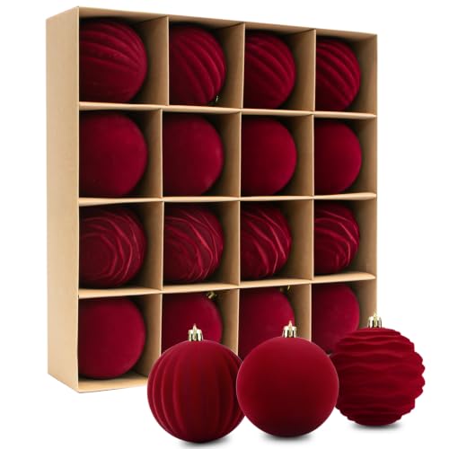 Red Velvet Christmas Ball Ornaments Set - 3.15 Inch, 16 pcs, Decorative Holiday Decor