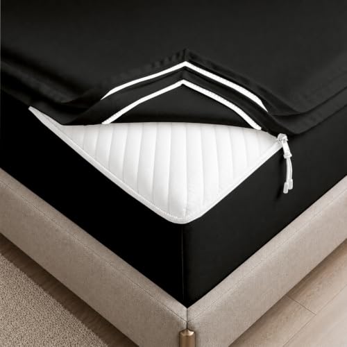 Queen Zip-On Fitted Bed Sheet Set 600 TC Egyptian Cotton Black - 18" Deep