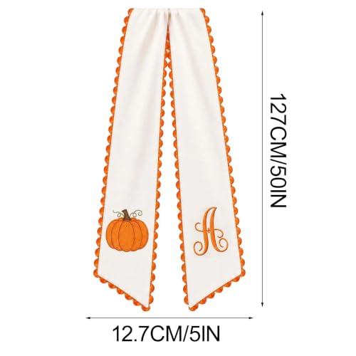 Fall Wreath Sash with Embroidered Pumpkins and Initials - Orange Scalloped Trim - Indoor Outdoor Decor - Variation S