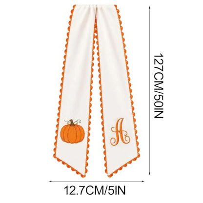 Fall Wreath Sash with Embroidered Pumpkins and Initials - Orange Scalloped Trim - Indoor Outdoor Decor - Variation S