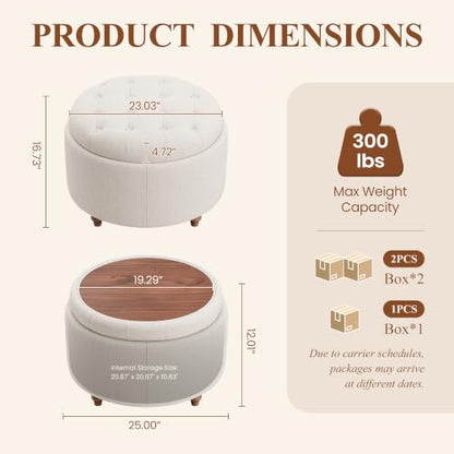 Round Ottoman with Storage and Reversible Tray - Camel, 25 Inch