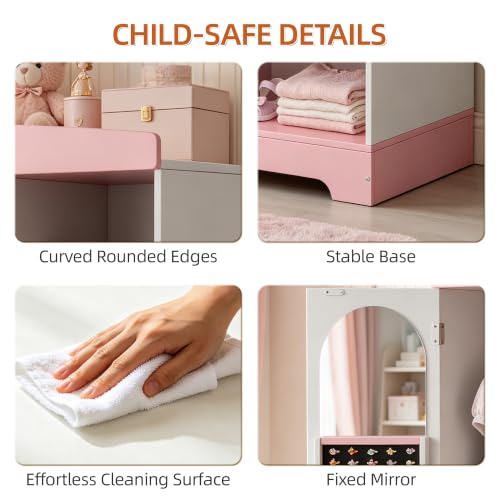 Kids Dress Up Storage Armoire with Hidden Jewelry Cabinet & Mirror - Toddler Wardrobe Organizer
