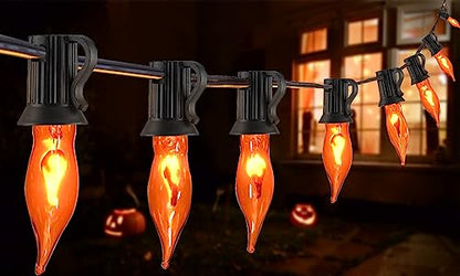 Halloween Flickering Flame String Lights - 27.8Ft Orange Outdoor Decor with 27 Bulbs - Safety Certified Waterproof