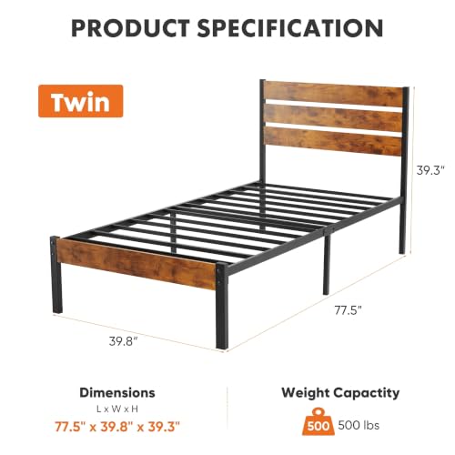 Sturdy Wood Bed Frame with Headboard, Heavy Duty Support Platform, No Box Spring Needed