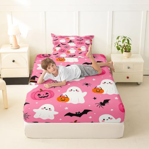 Pink Deep Pocket Twin Bed Sheets Set with Ghost Pumpkin Design, 3 Pieces