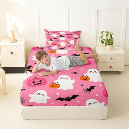 Pink Deep Pocket Twin Bed Sheets Set with Ghost Pumpkin Design, 3 Pieces