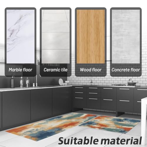 Rust Orange Mottled Washed Color Block Kitchen Rugs Set - Non-Slip, Washable, 2-Piece