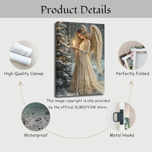 Christmas Angel Wall Art Canvas Print - White Angel Girl & Tree Decor 20L x 16W