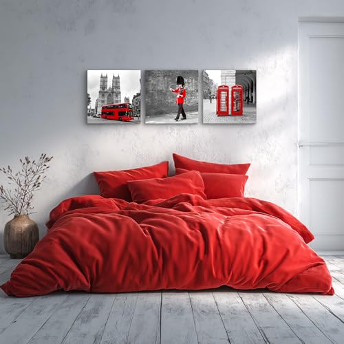 London Theme Canvas Wall Art Set - Black & White Cityscape with Red Buses & Guard Figures, 3 Pieces, 20x20 Inches - Ready to Hang