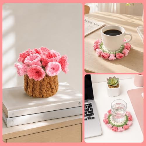 Flower Crochet Coasters Set of 2 with Plant Pot Holder - Handmade Floral Drink Protectors