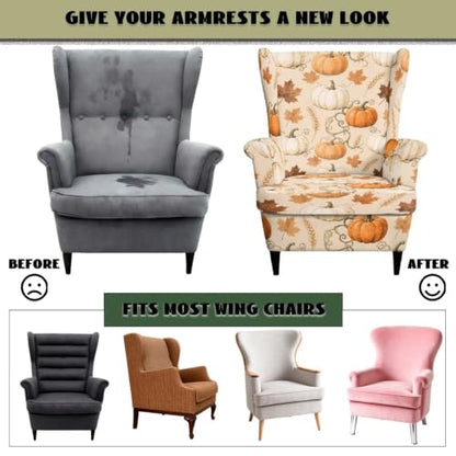 Fall Pumpkin Wingback Chair Slipcover Set - Beige Autumn Decor with Pattern