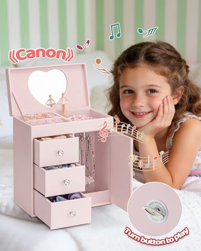 VLANDO 4 Layer Musical Jewelry Box for Girls with Pink Finish, 3 Drawers & Necklace Hook
