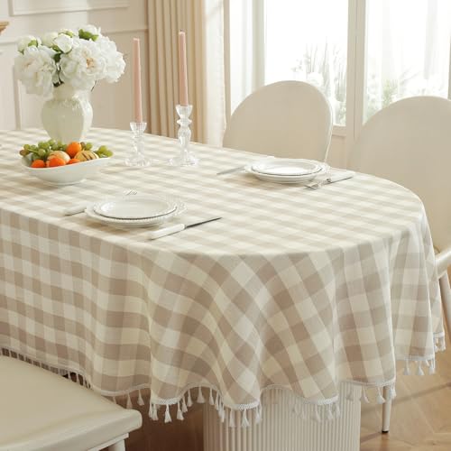 Laolitou Checkered Oval Tablecloth - Beige Washable Cotton Linen Gingham 60x84 Inch with Tassels - Oval Variation