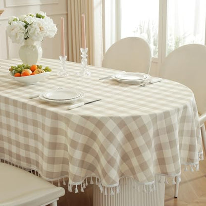 Laolitou Checkered Oval Tablecloth - Beige Washable Cotton Linen Gingham 60x84 Inch with Tassels - Oval Variation