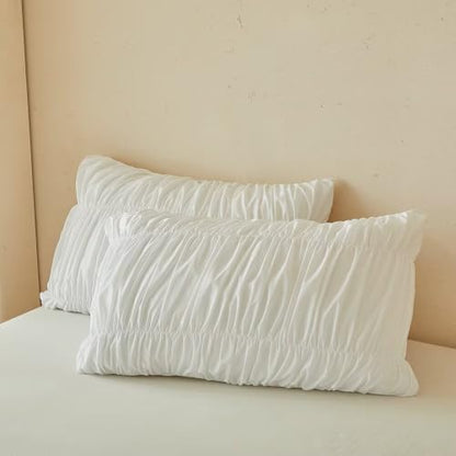 King White Stripes Duvet Cover Set with Tufted Ruching - 104x90 Inches