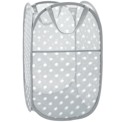 Gray Collapsible Mesh Laundry Basket 75L with Dot Print & Side Pocket