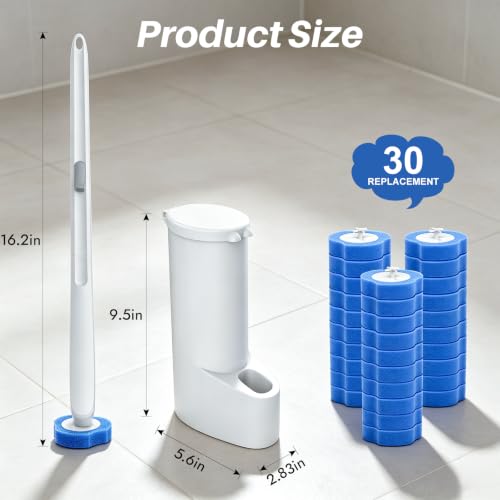 Disposable Toilet Brush Set with 30 Refills, Extended Handle & Holder