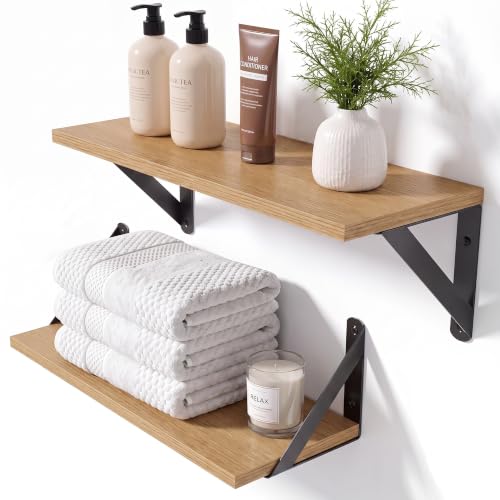 Oak Wall Shelves Set of 2 - 16x6 Inch Small Wooden Wall Storage