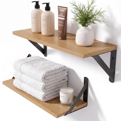 Oak Wall Shelves Set of 2 - 16x6 Inch Small Wooden Wall Storage