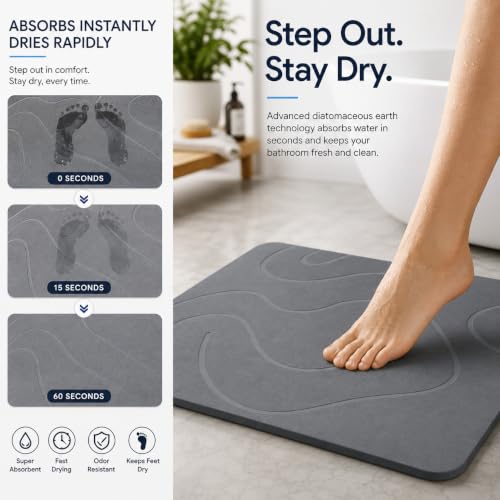 Natural Diatomaceous Earth Stone Bath Mat Non Slip Quick Dry Absorbent Gray 23.6x15.4 Inches