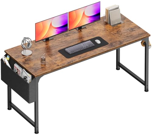 PRAISUN 55-Inch Computer Desk with Fabric Storage Bag - Rustic Brown