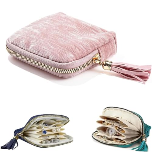 Travel Jewelry Case with Zipper & Tassel - Blush Pink Portable Organizer for Rings & Necklaces
