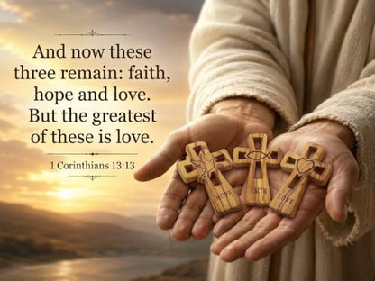 Set of 3 Olive Wood Christian Crosses Faith Hope Love Hand Carved Bethlehem