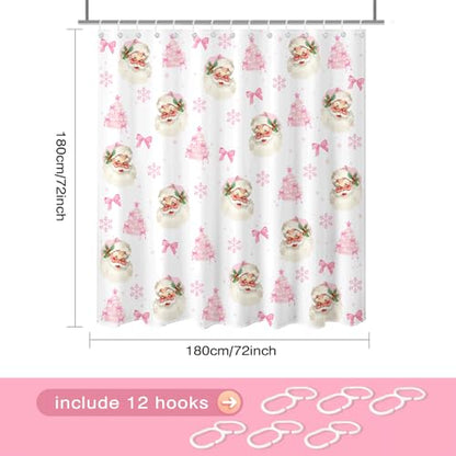 Christmas Shower Curtain Pink Bow Santa Snowflake 72x72 Inch Waterproof Holiday Bathroom Decor - Pink1