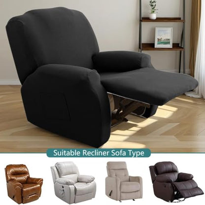 Dark Gray Recliner Sofa Cover - Stretch Fit with Side Pocket & Non-Slip Elastic