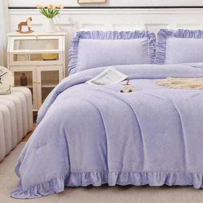 Purple Full Size Fluffy Faux Fur Comforter Set for Girls - Lavender Bedding with Ruffled Edges
