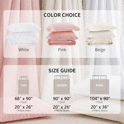 King Beige Ruffle Quilt Set with Lace Trim - Soft 100% Polyester Bedding