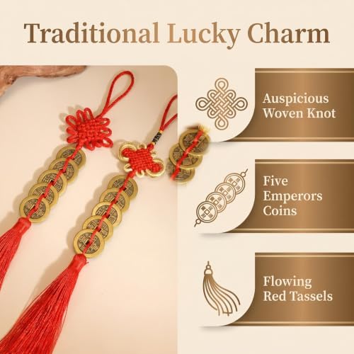 2PCS Feng Shui Five Emperor Coins with Red Knot Tassel - Wealth & Good Luck Charm for Cars, Doors, Living Rooms, Cabinets, Office Decor - Variation: 2pcs Hanging Tassel