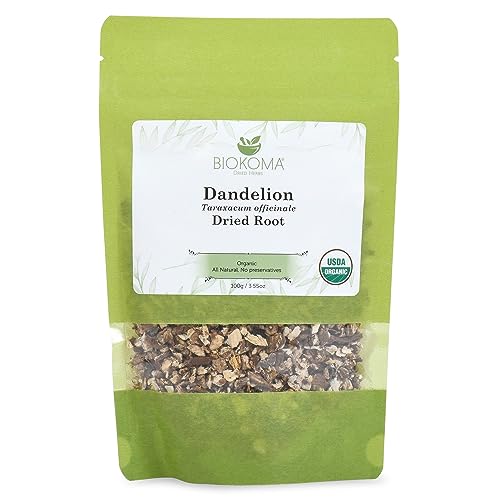 Biokoma Pure and Organic Dandelion Root Tea 100g (3.55oz) in Resealable Moisture Proof Pouch, USDA Certified Organic - Herbal Tea, No Additives, No Preservatives, No GMO