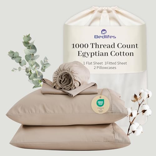 Bedlifes 1000TC Egyptian Cotton King Sheet Set - Linen / King - 16" Deep Pocket