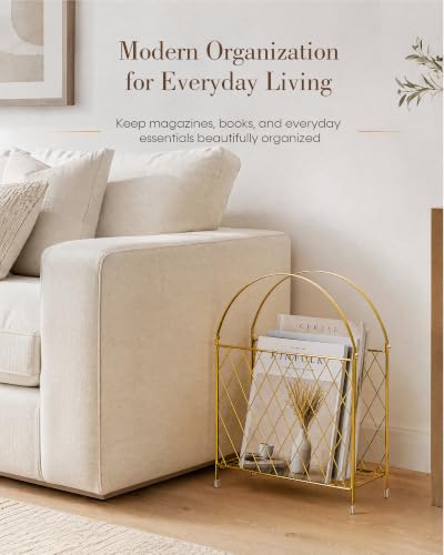 Gold Metal Magazine Holder & Storage Basket - Modern Home Organizer