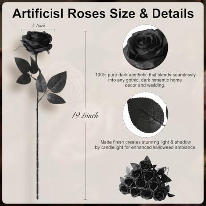 Artificial Silk Roses - Black Bouquet, 10pcs, Realistic Fake Flowers