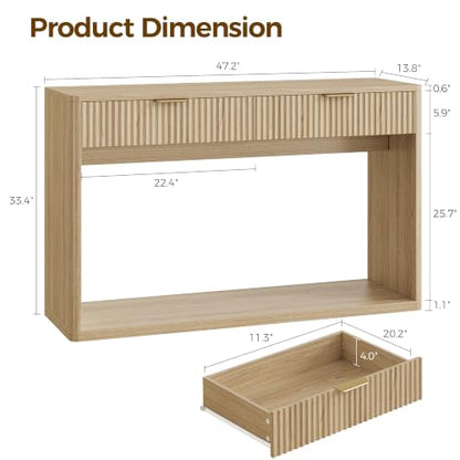 47-Inch Fluted Console Table with 2 Large Drawers for Entryway, Oak Finish