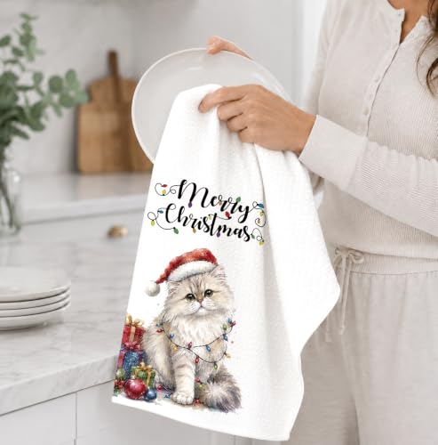 Santa White Cat Kitchen Towel - Christmas Winter Decor, 16x24in