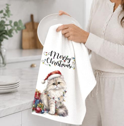 Santa White Cat Kitchen Towel - Christmas Winter Decor, 16x24in