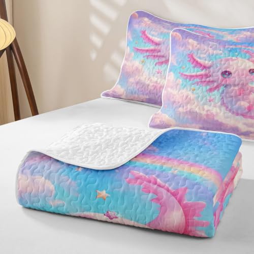 Colorful Axolotl Quilted Bedspread for Twin Bed - Galaxy Cloud Pattern