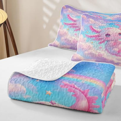 Colorful Axolotl Quilted Bedspread for Twin Bed - Galaxy Cloud Pattern